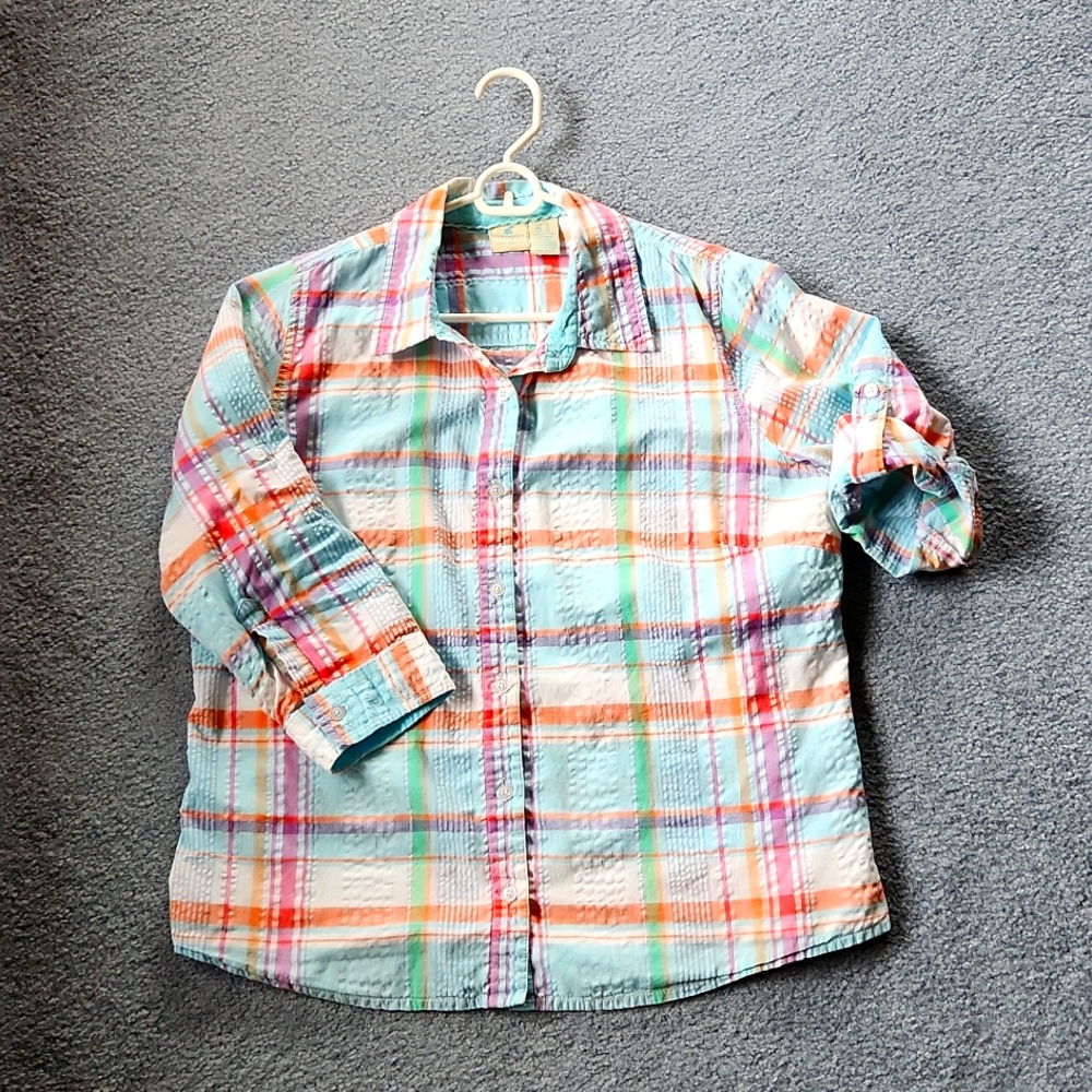 Seersucker Plaid Womens Shirt Size L Caribbean Joe